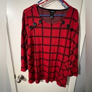 Ali Miles Women's large Top Red Black Button Bell Sleeve Plaid Tunic